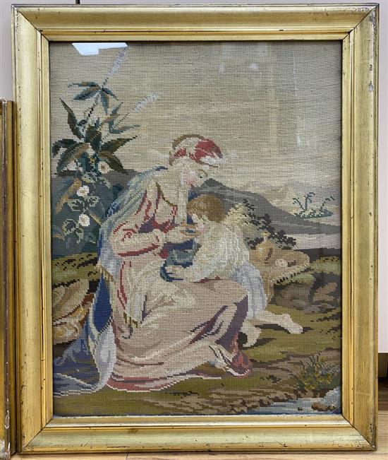 A 19th century gros-point needlework picture of a her mother feeding her son and an embroidery on silk of Pharoahs daughter